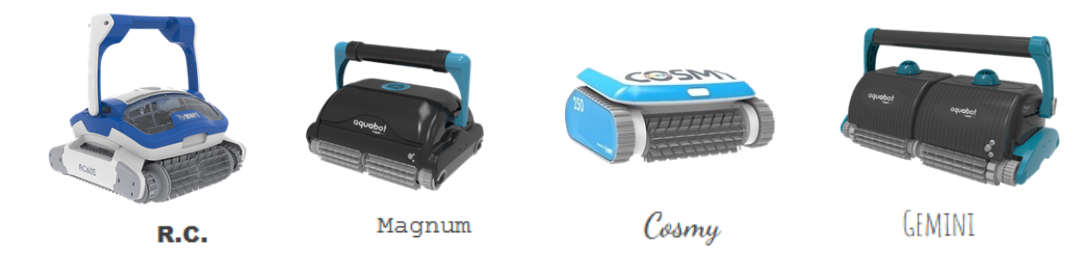 Four robotic style automatic pool cleaners: RC, Magnum, Cosmy, and Gemini.